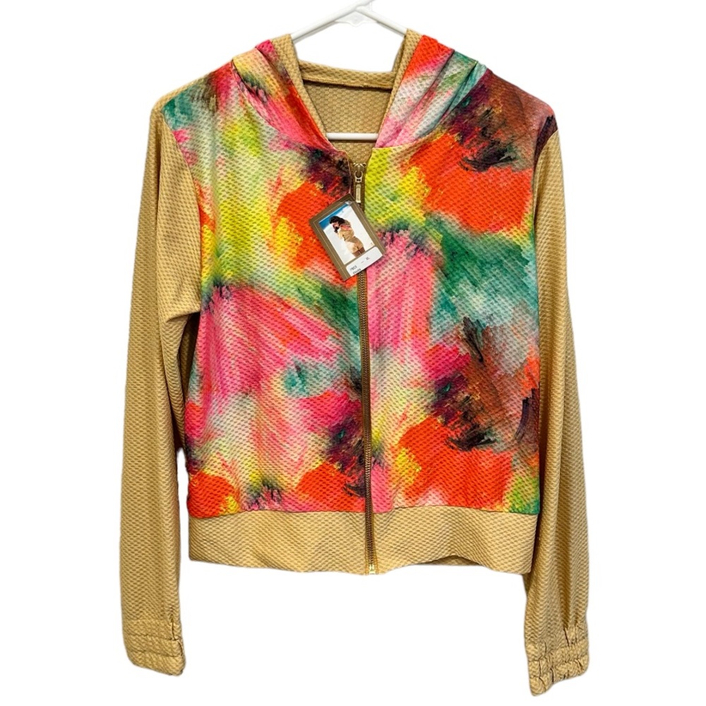 Mapale Golden Yellow Neon Watercolor Print Zip Up Hooded Coverup Jacket NEW